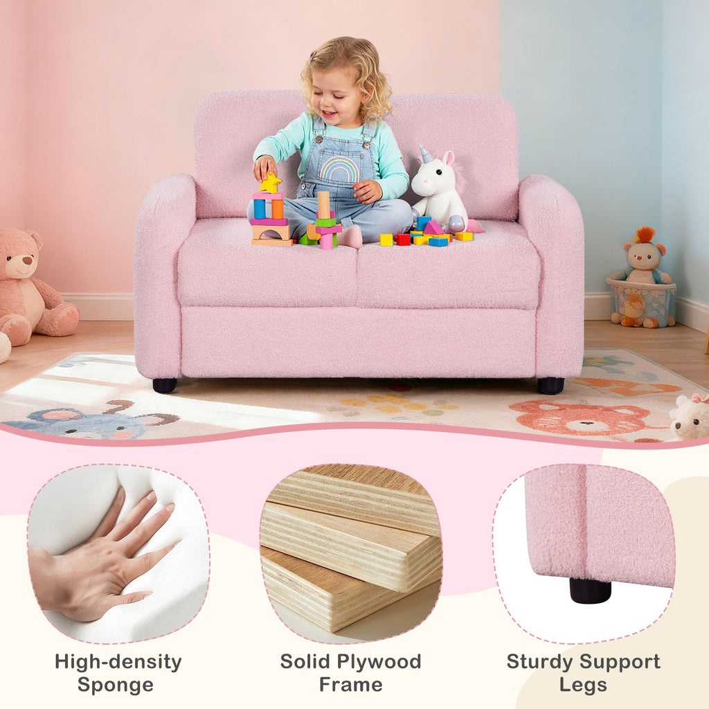 2-Seat Kids Sofa Toddler Sofa Couch with Soft Teddy Fleece Upholstery and Solid Wooden Frame