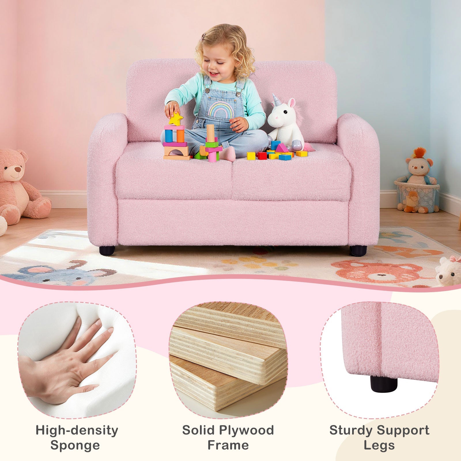 2-Seat Kids Sofa Toddler Sofa Couch with Soft Teddy Fleece Upholstery and Solid Wooden Frame