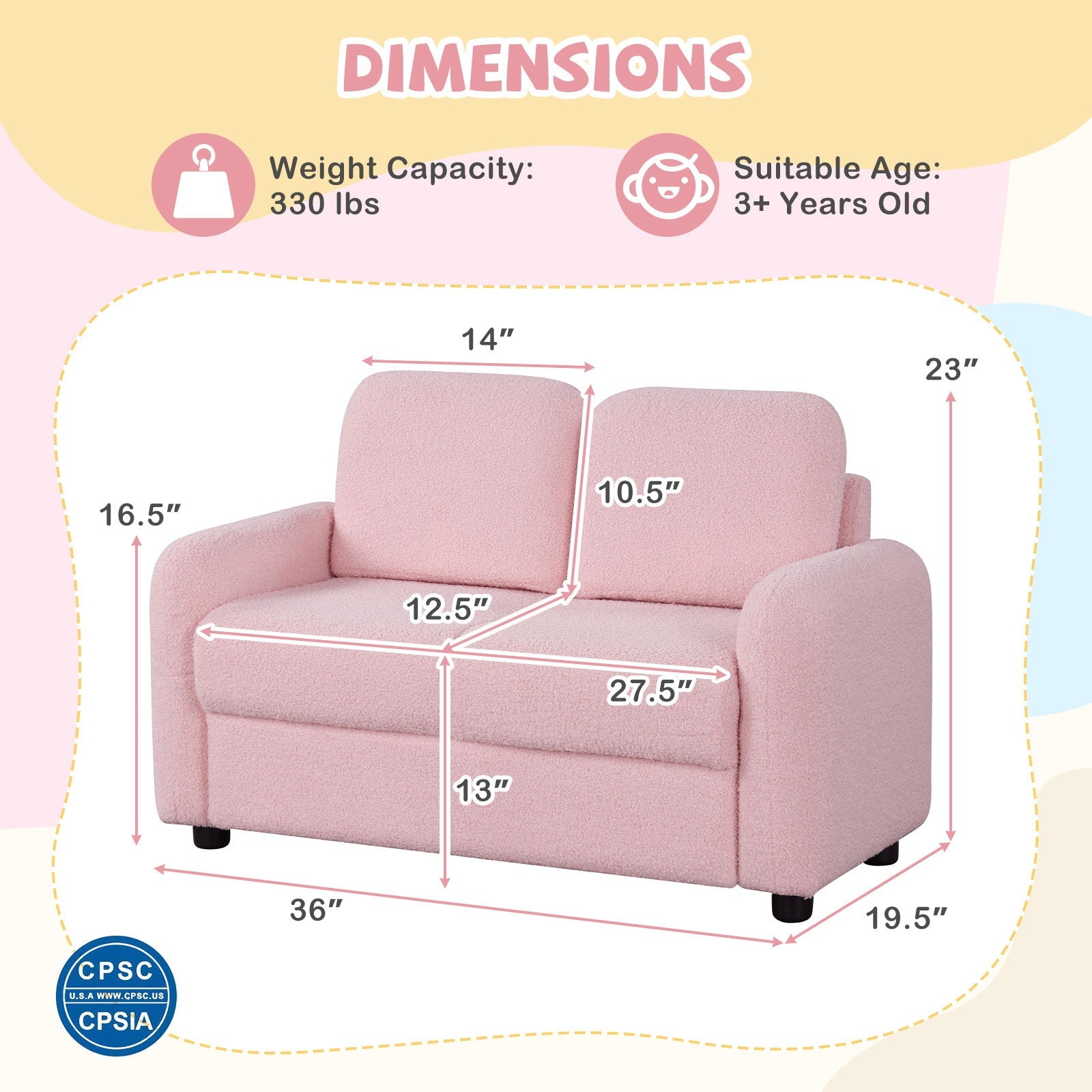2-Seat Kids Sofa Toddler Sofa Couch with Soft Teddy Fleece Upholstery and Solid Wooden Frame