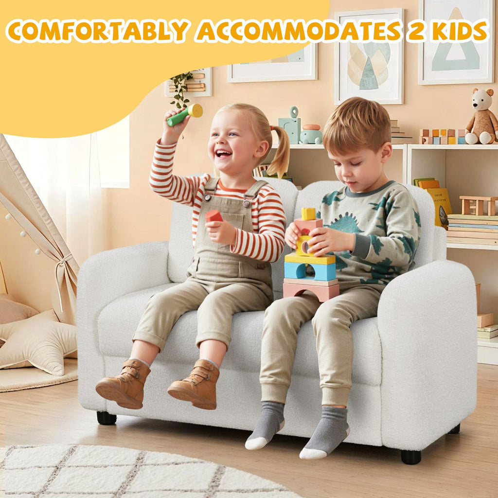 2-Seat Kids Sofa Toddler Sofa Couch with Soft Teddy Fleece Upholstery and Solid Wooden Frame