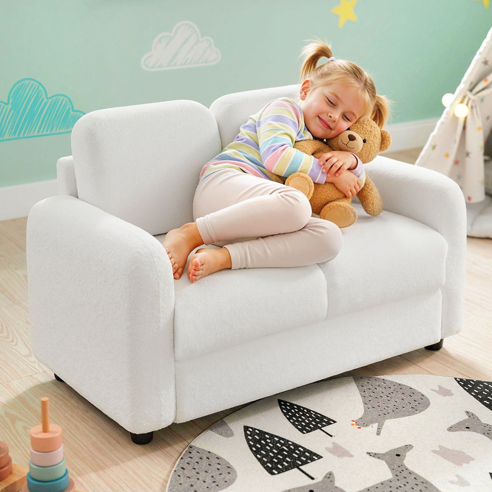 2-Seat Kids Sofa Toddler Sofa Couch with Soft Teddy Fleece Upholstery and Solid Wooden Frame