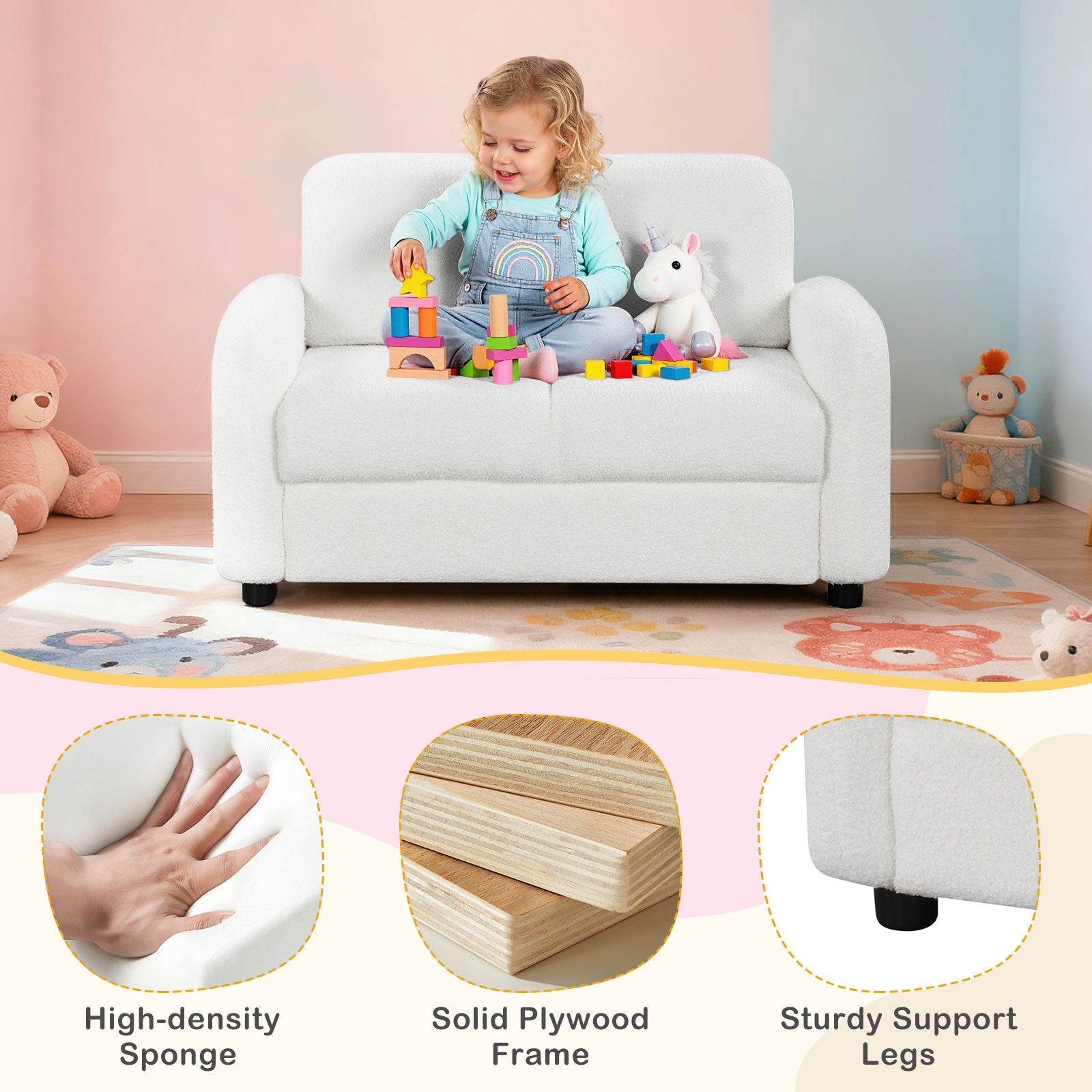 2-Seat Kids Sofa Toddler Sofa Couch with Soft Teddy Fleece Upholstery and Solid Wooden Frame