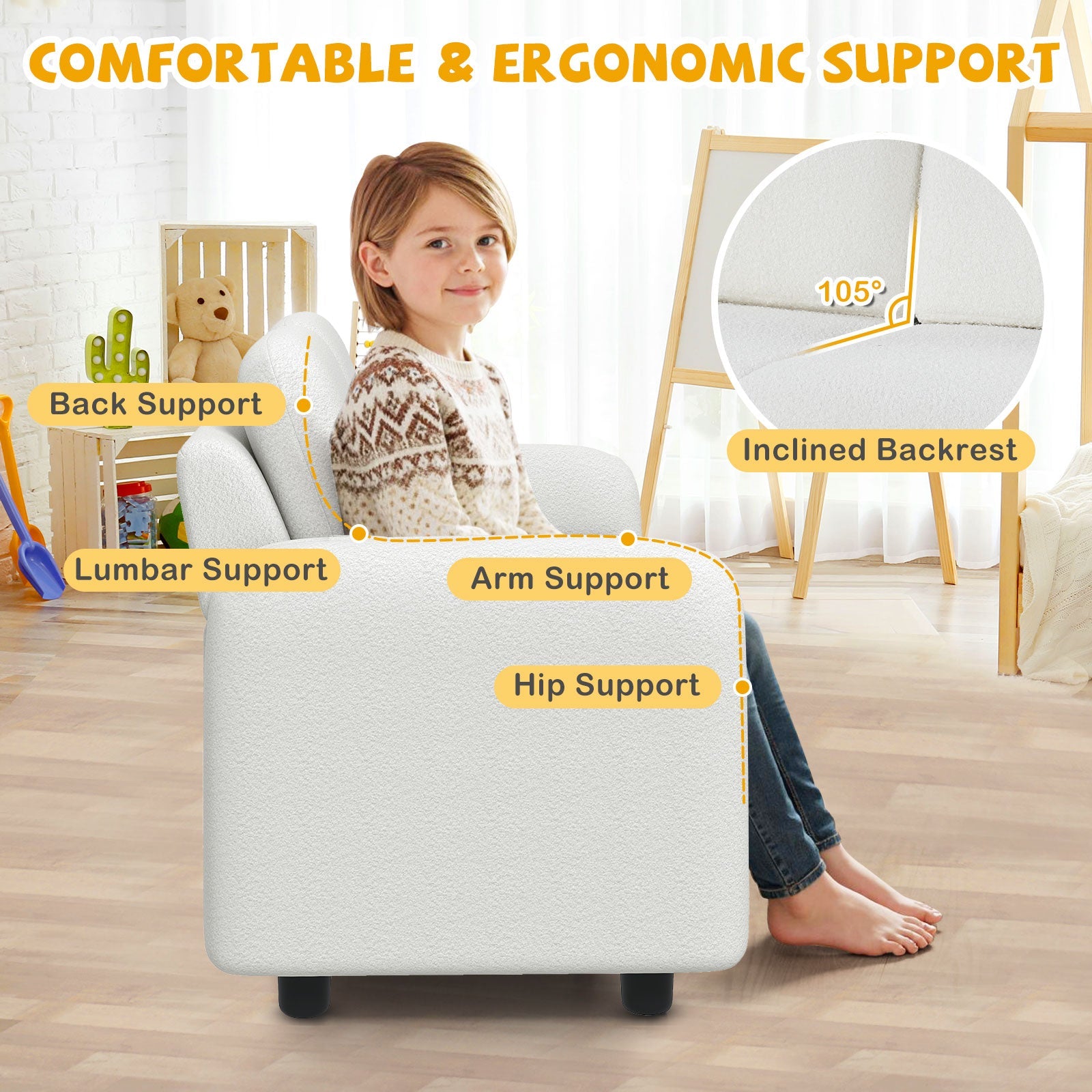 2-Seat Kids Sofa Toddler Sofa Couch with Soft Teddy Fleece Upholstery and Solid Wooden Frame