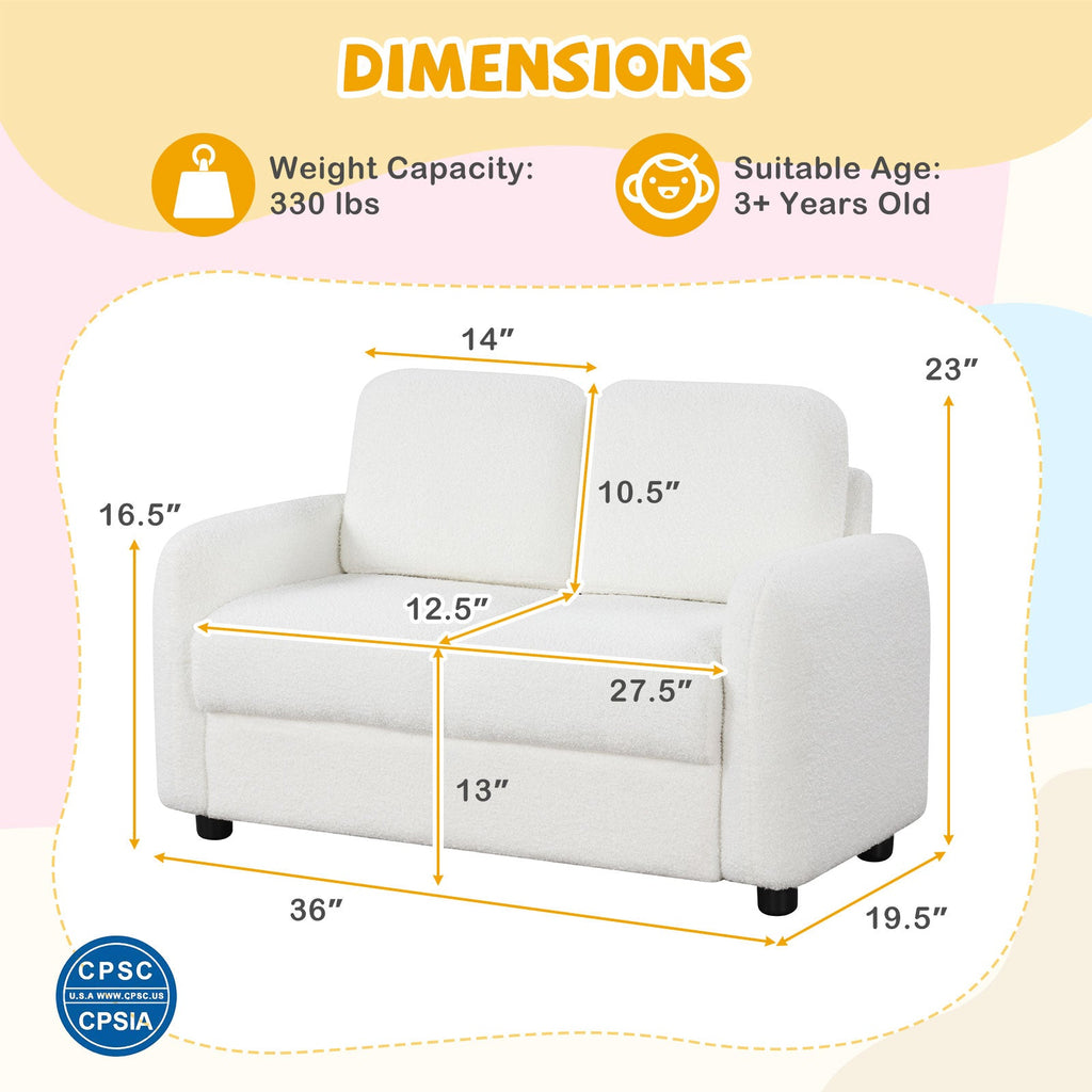 2-Seat Kids Sofa Toddler Sofa Couch with Soft Teddy Fleece Upholstery and Solid Wooden Frame