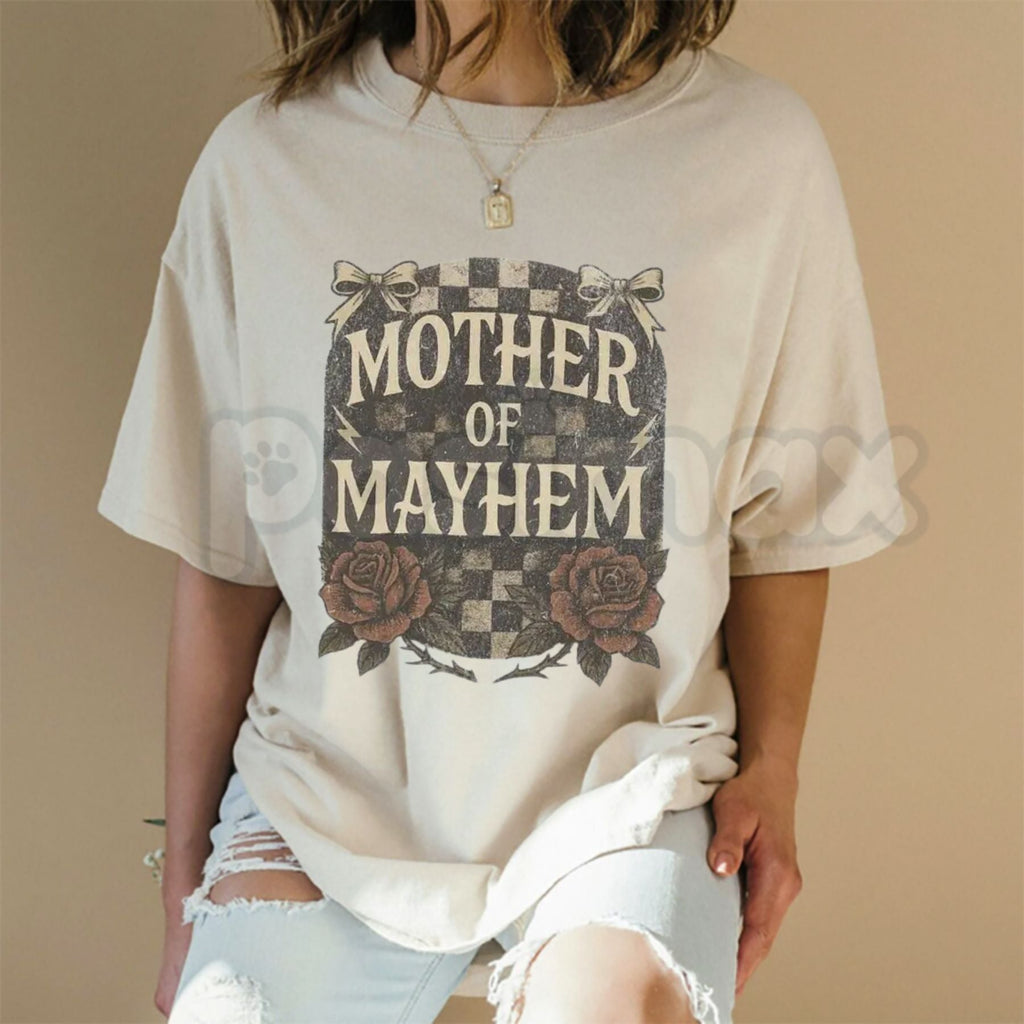 "Mother Of Mayhem" Edgy Mom T-Shirt – Funny Badass Mama Graphic Tee, Premium 100% Cotton Cool Mom Gift Top, Soft Lived-In Heavyweight Tired Mom Statement Shirt, Made in USA