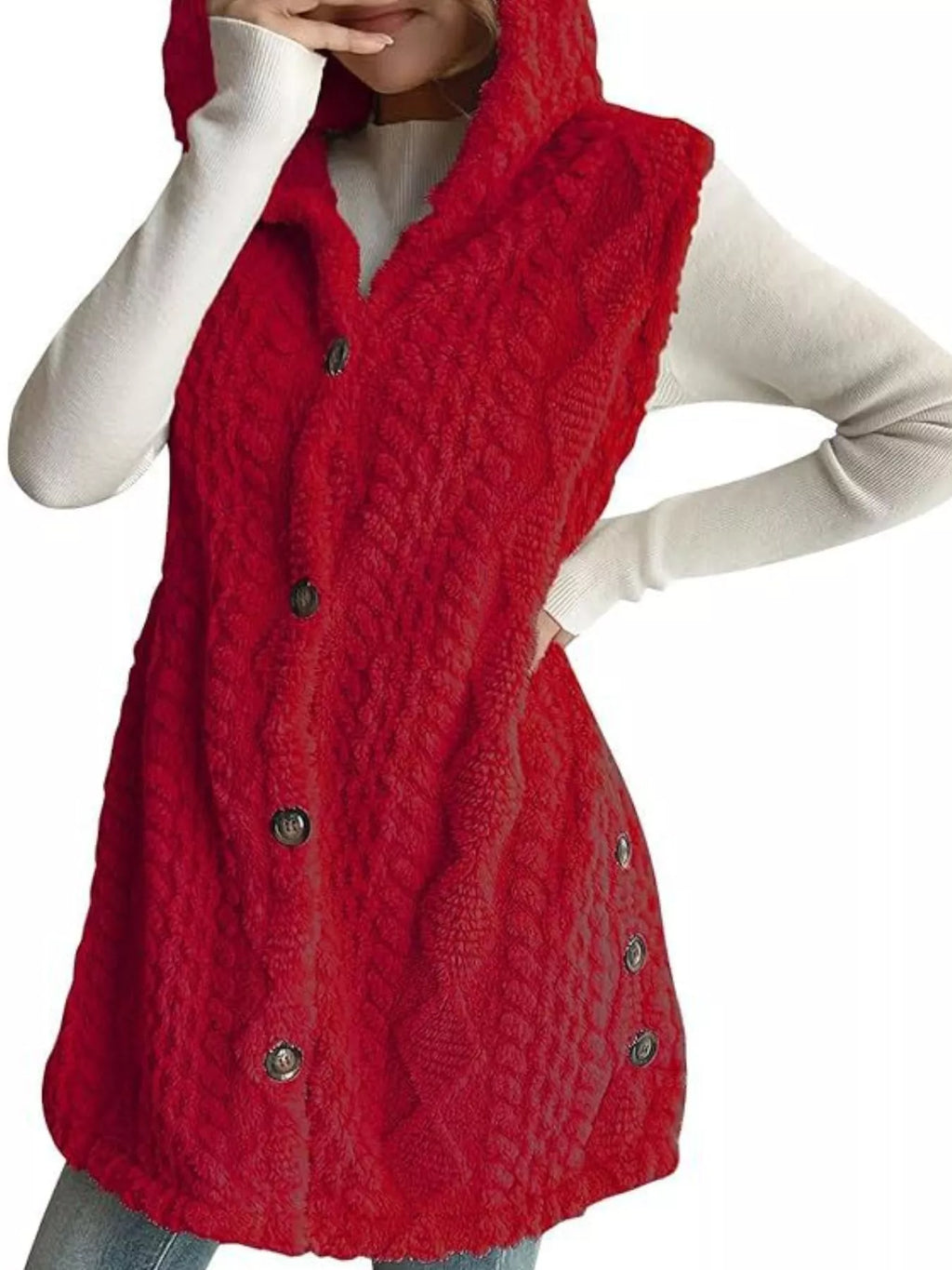 Hooded Button-Up Sherpa Vest Coat