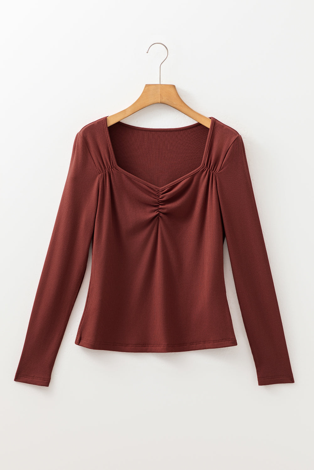 Gathered Bust Square Neck Ribbed Long Sleeve Top