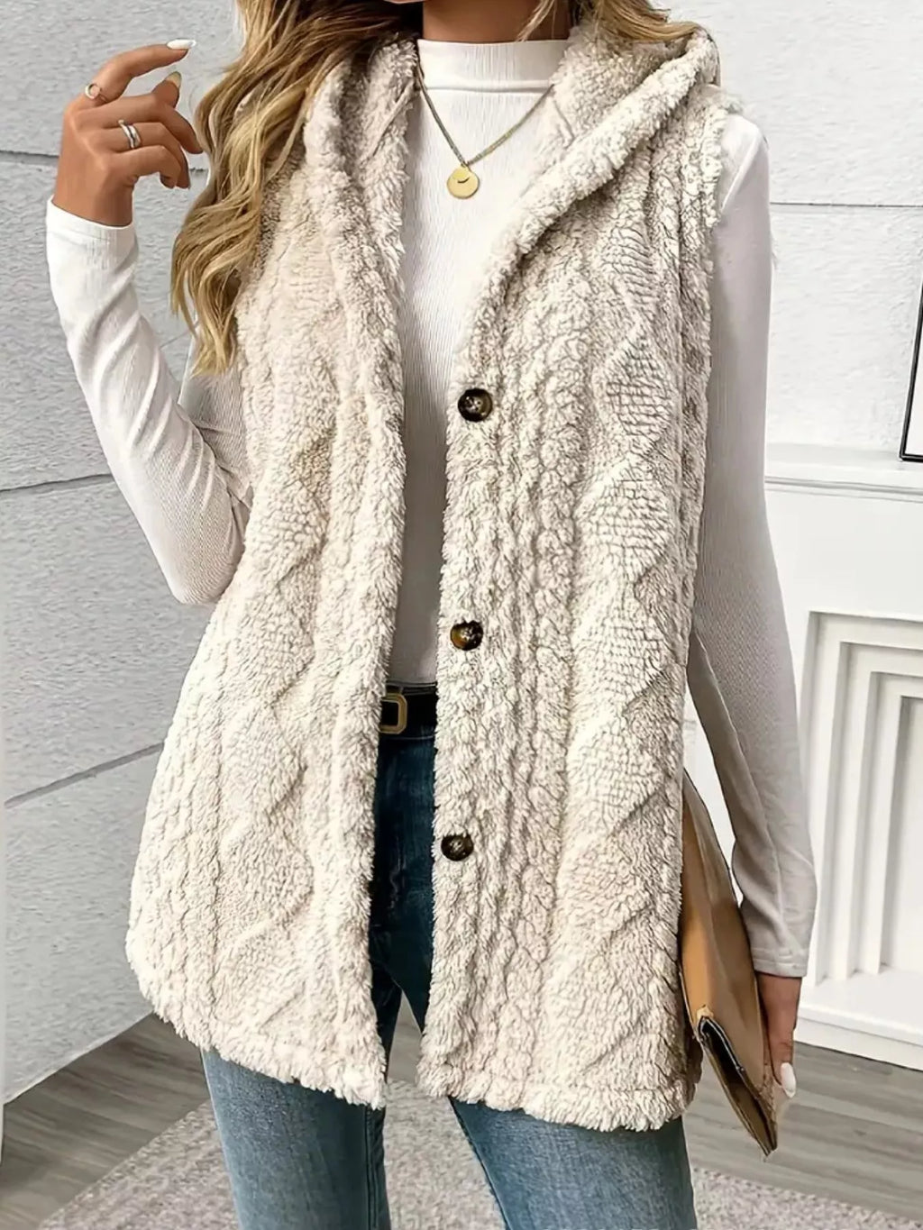 Hooded Button-Up Sherpa Vest Coat