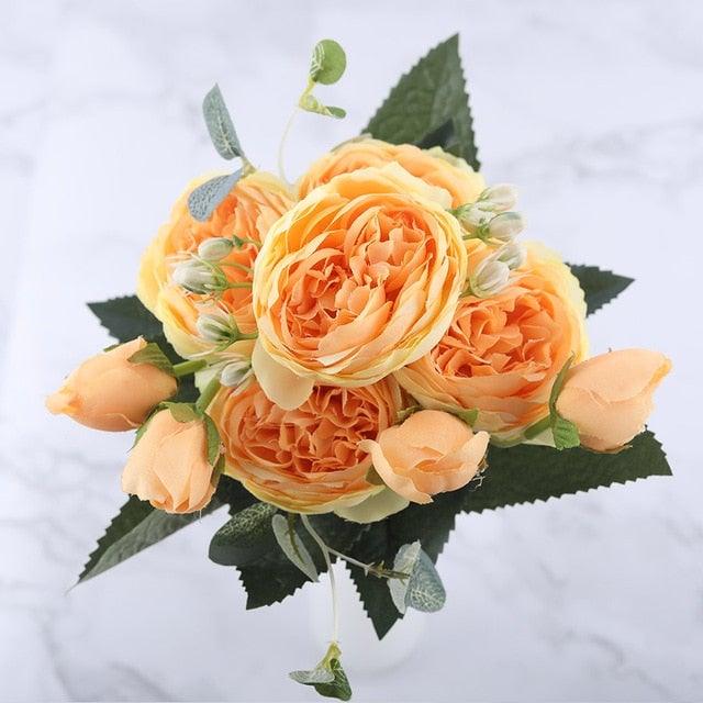 30cm Rose Pink Silk Peony Artificial Flowers Bouquet 5 Big Head and 4 Bud Bride Wedding Home Decoration Fake Flowers Vintage Artificial Peony Silk Flowers Bouquet Home Wedding Decoration