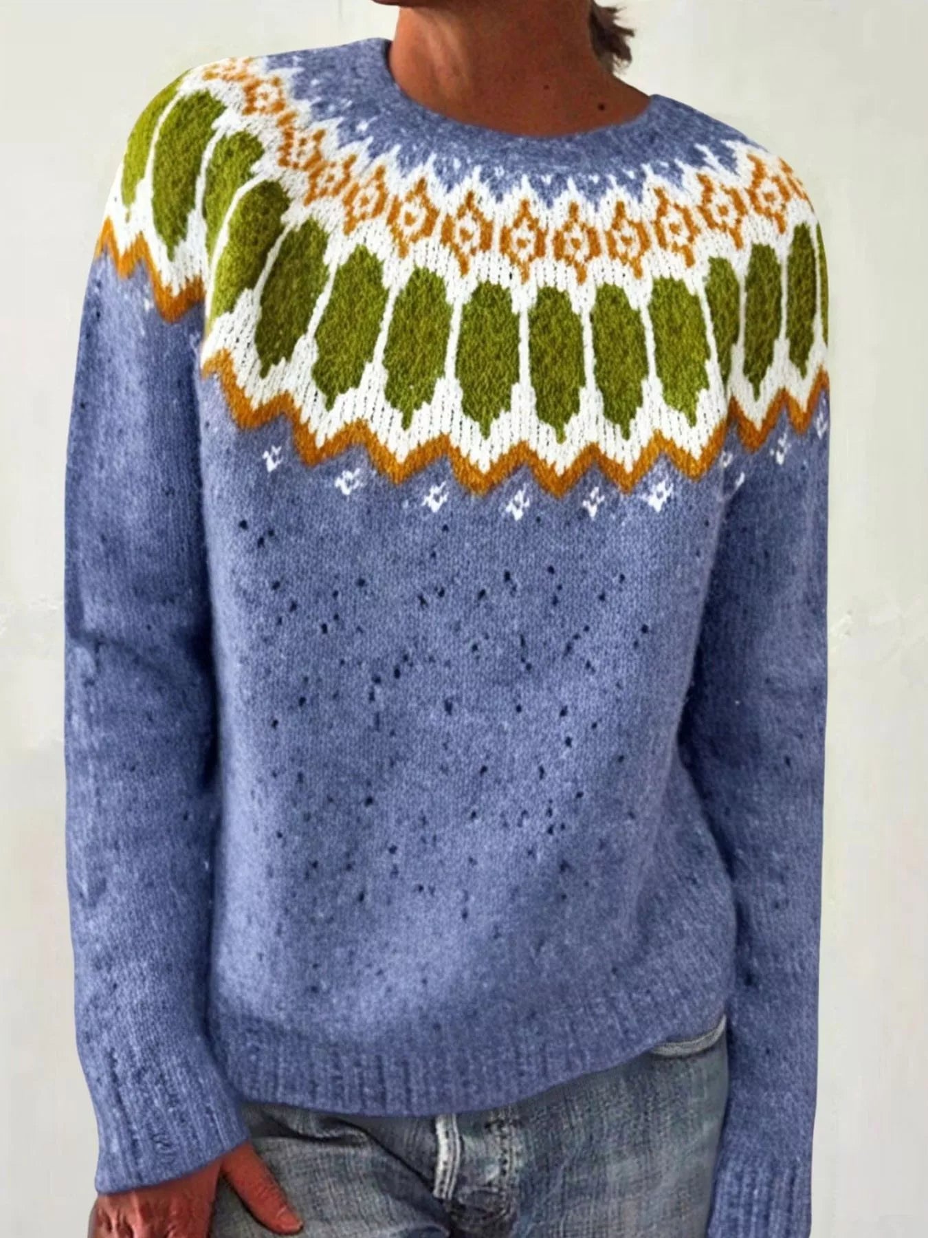 Full Size Vintage Patterned Round Neck Sweater Plus Size