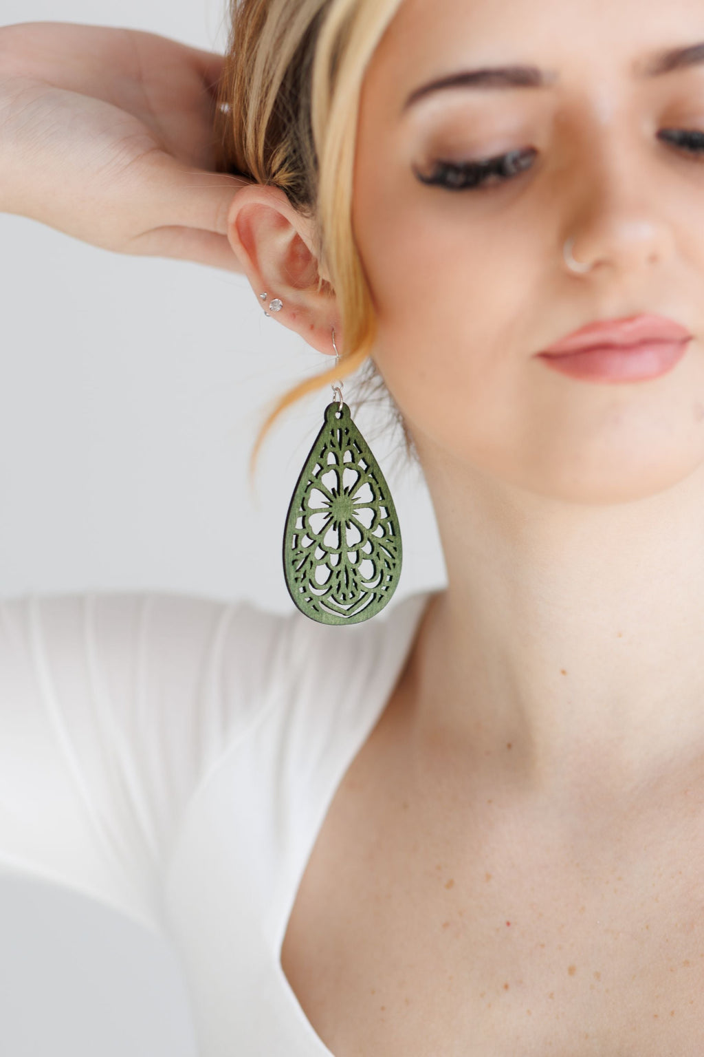Beautiful Green Laser Cut Wood Floral Earrings