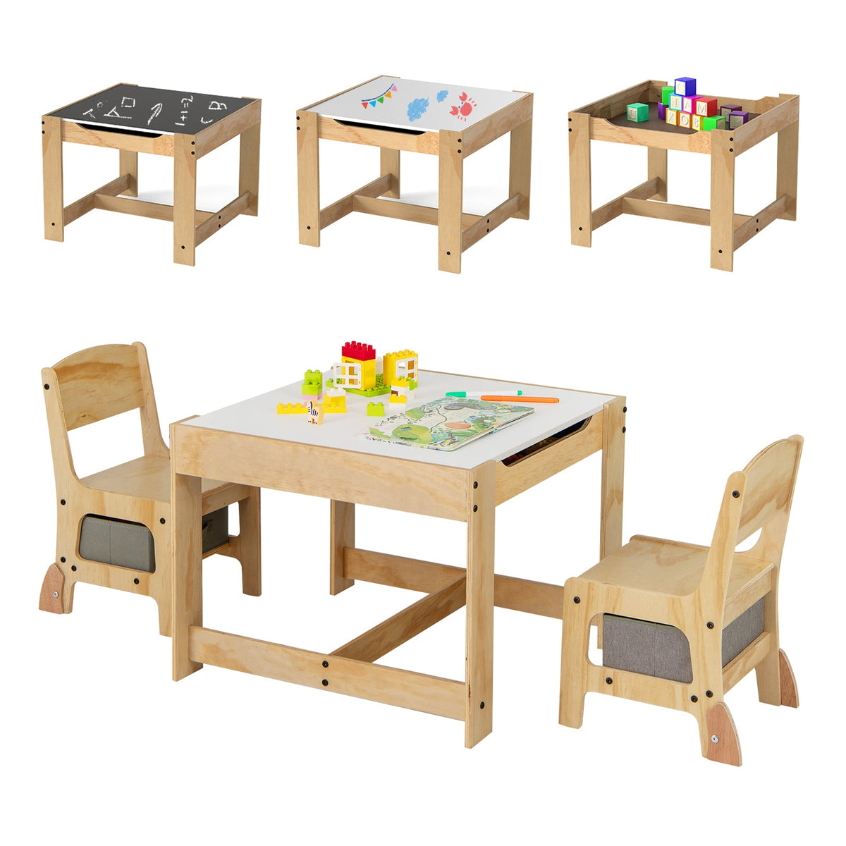 3 in 1 Kids Table and Chair Set with Removable Tabletop and 2 Storage Drawers