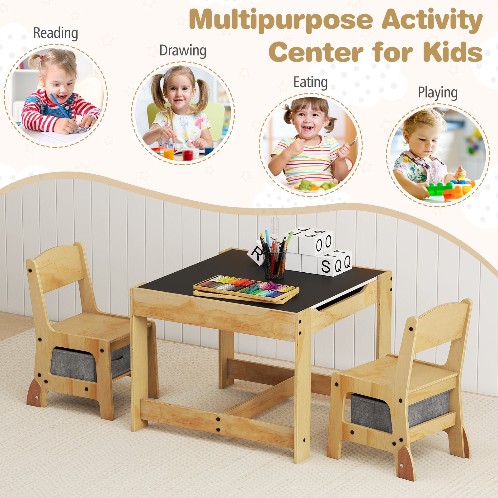 3 in 1 Kids Table and Chair Set with Removable Tabletop and 2 Storage Drawers