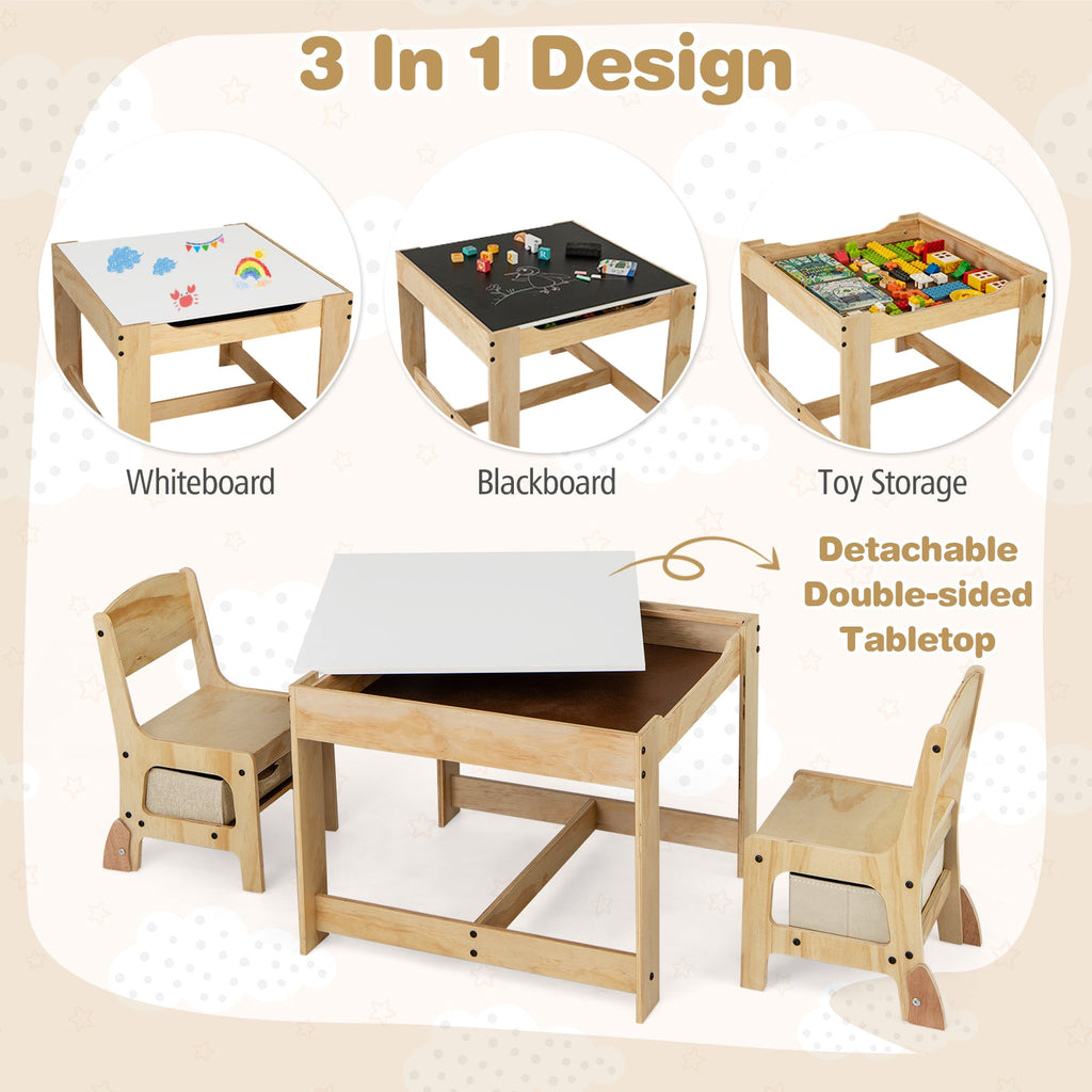 3 in 1 Kids Table and Chair Set with Removable Tabletop and 2 Storage Drawers