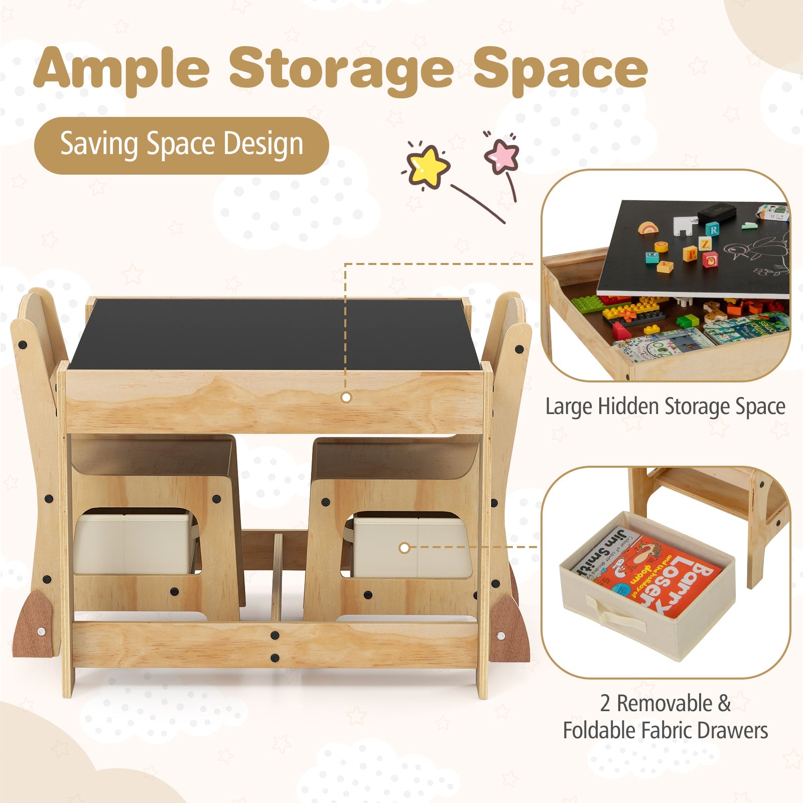 3 in 1 Kids Table and Chair Set with Removable Tabletop and 2 Storage Drawers