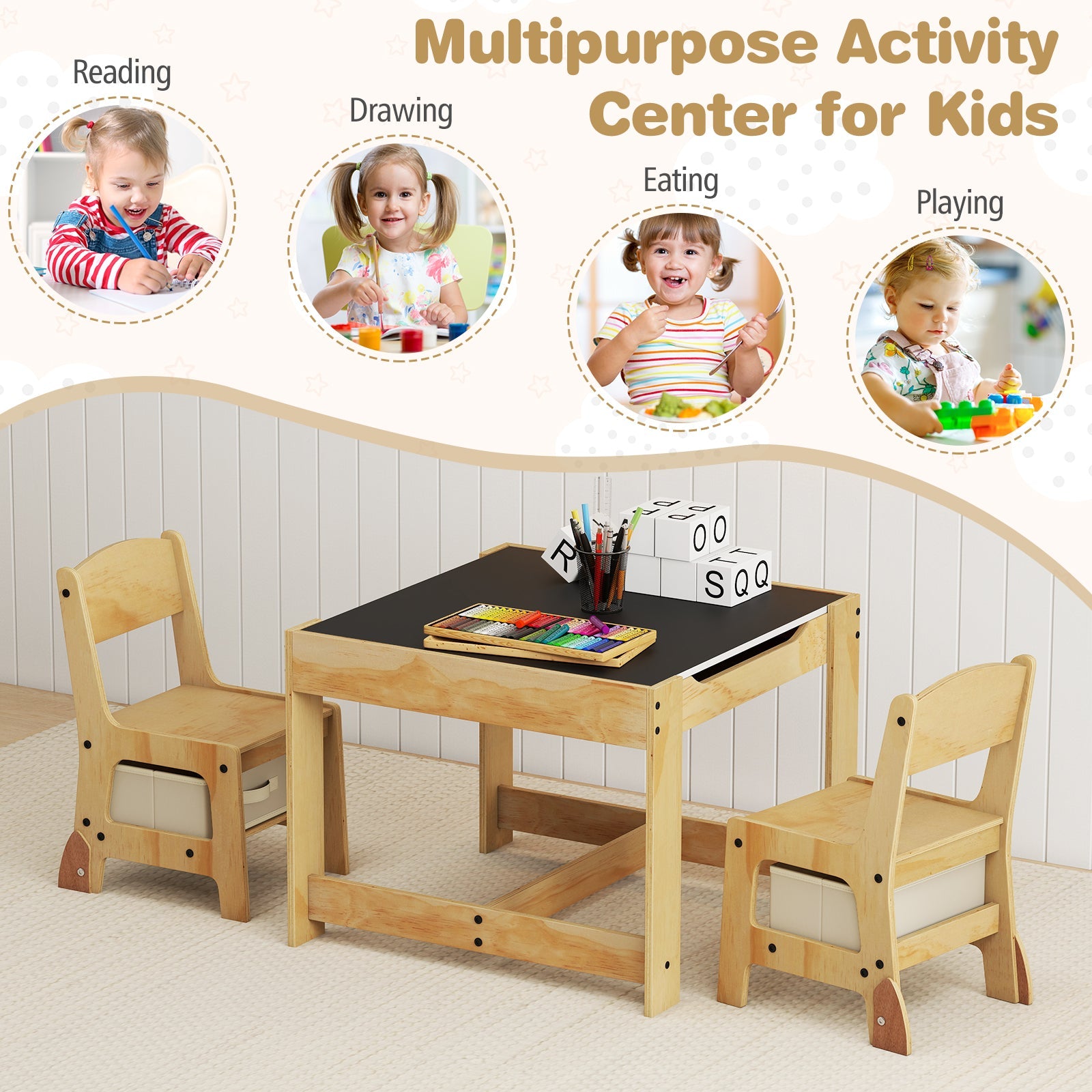 3 in 1 Kids Table and Chair Set with Removable Tabletop and 2 Storage Drawers
