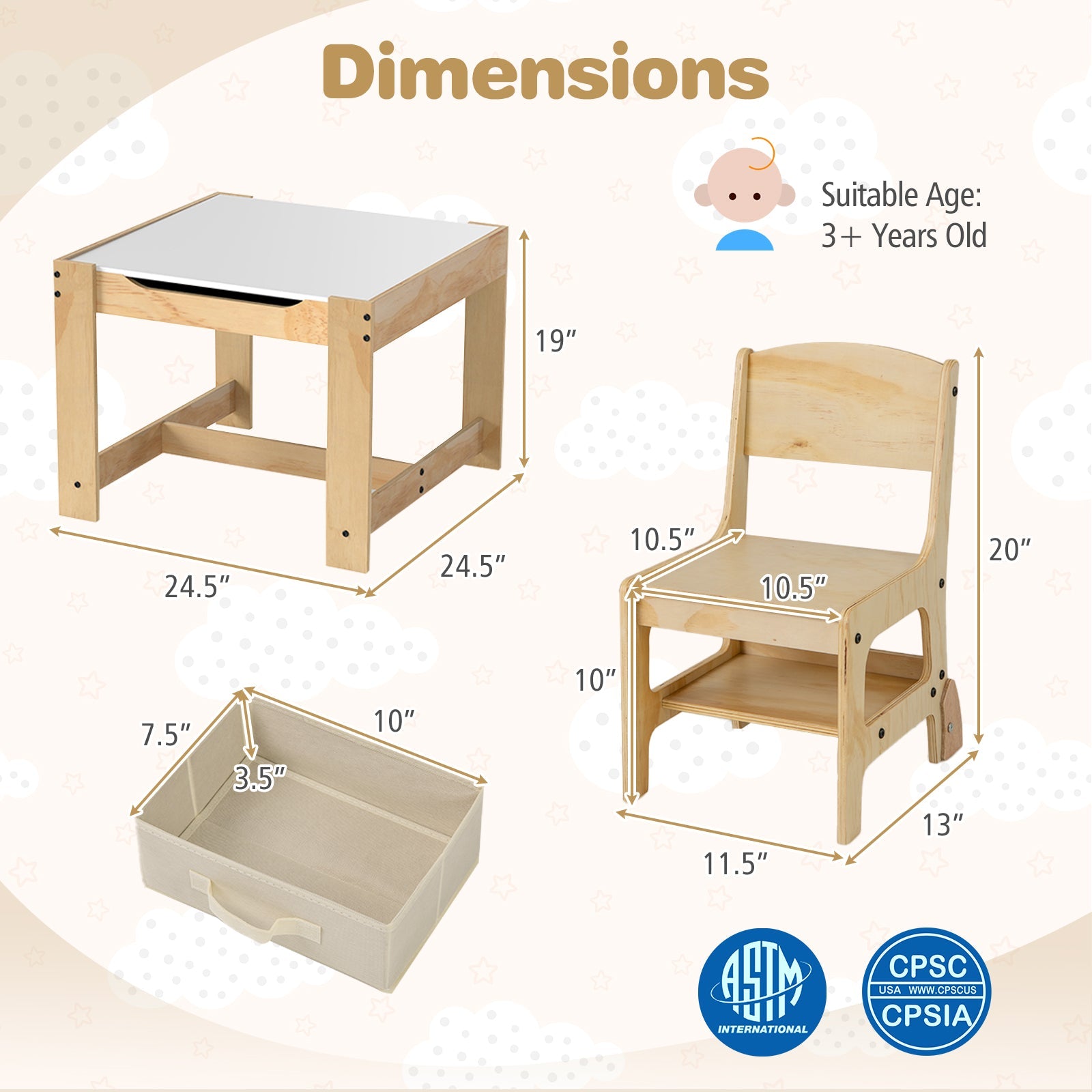 3 in 1 Kids Table and Chair Set with Removable Tabletop and 2 Storage Drawers