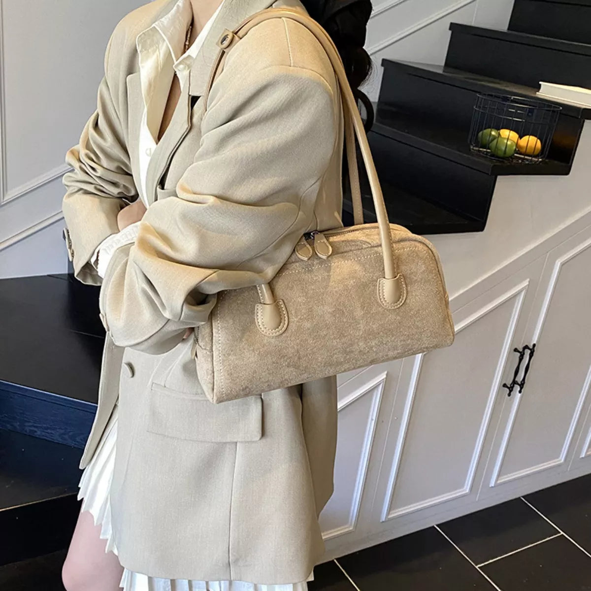 Velvet Shoulder Bag with Leather Strap