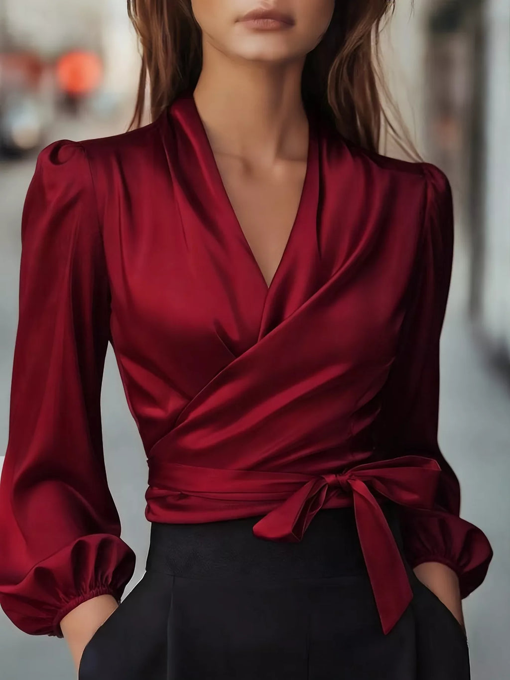 Satin Tied Balloon Sleeve Blouse