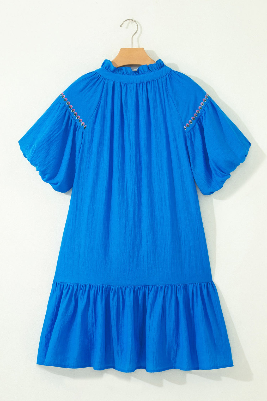 Flower Embroidered Puff Sleeve Ruffle Hem Dress
