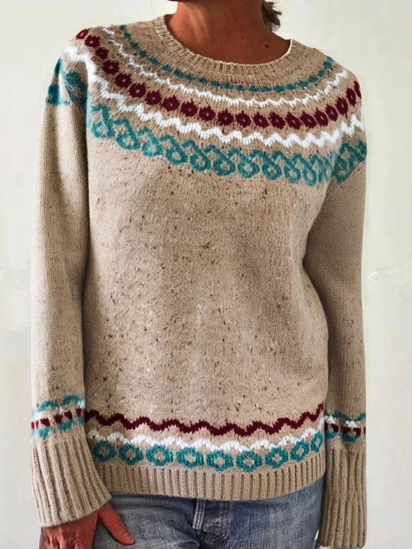 Full Size Vintage Patterned Round Neck Sweater Plus Size