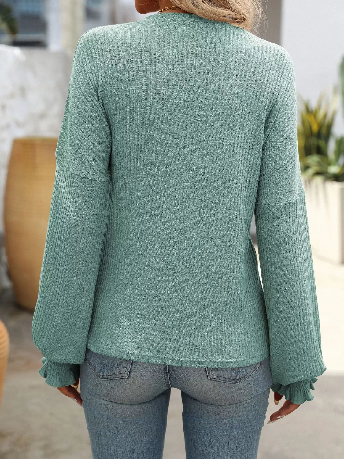 Ribbed Knit Ruffle Cuff T-Shirt