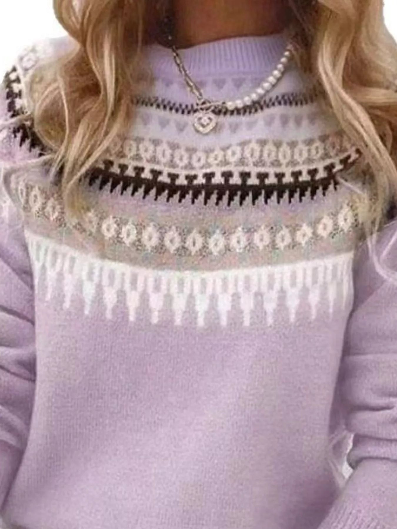 Full Size Vintage Patterned Round Neck Sweater Plus Size