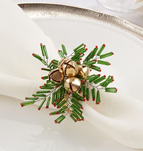 Fennco Styles Hand Beaded Snowflake & Bells Christmas Napkin Rings, Set of 4 - Red & Green Glass Beads Napkin Holders for Home, Dining Room, Banquet, Family Gathering, Holiday Décor and Special Occasion