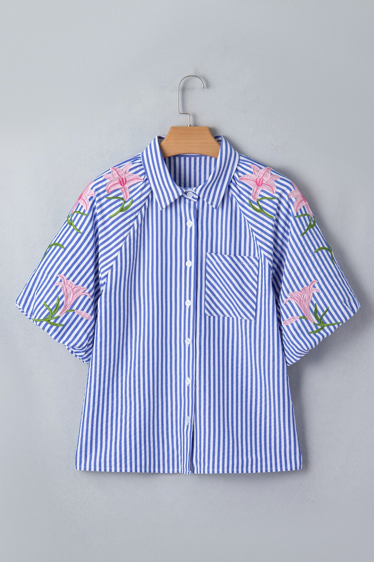 Stripe Floral Lily Embroidered Puff Sleeve Shirt