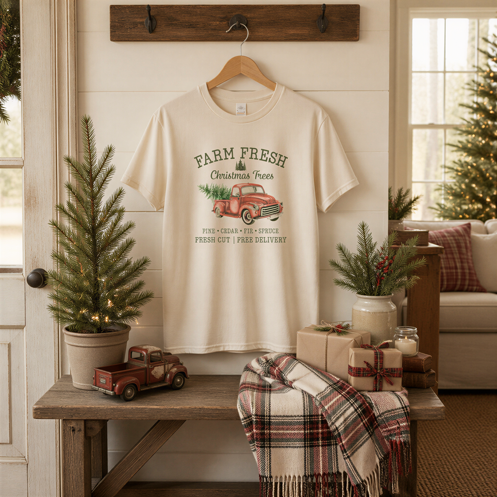 Farm Fresh Christmas Trees Tshirt, Christmas shirt, Vintage Design Red Pickup Truck christmas shirts