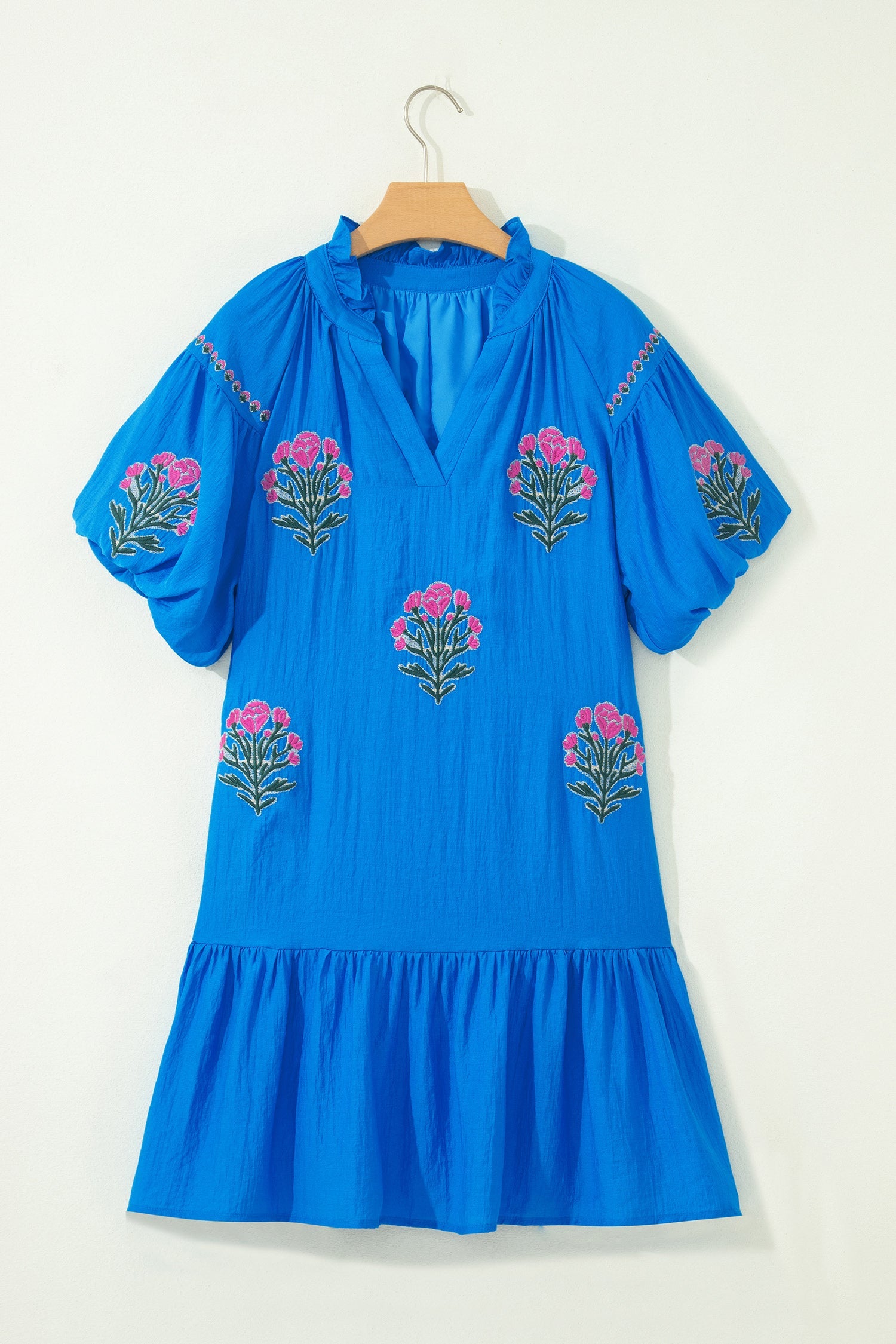 Flower Embroidered Puff Sleeve Ruffle Hem Dress