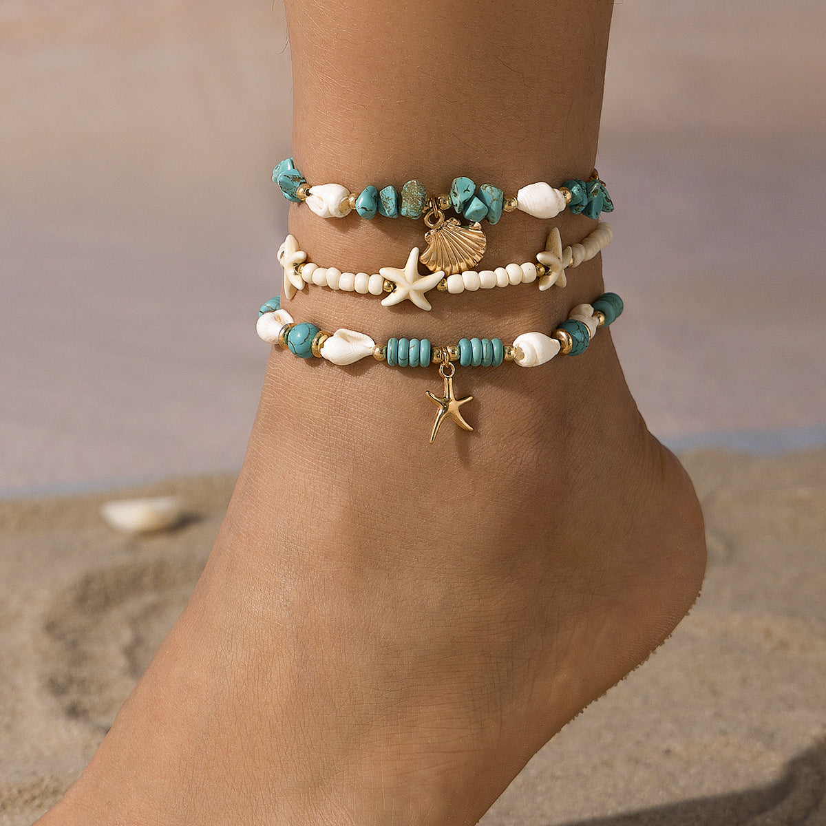 Ocean Fan Shell Rice Pearl Turquoise Anklet