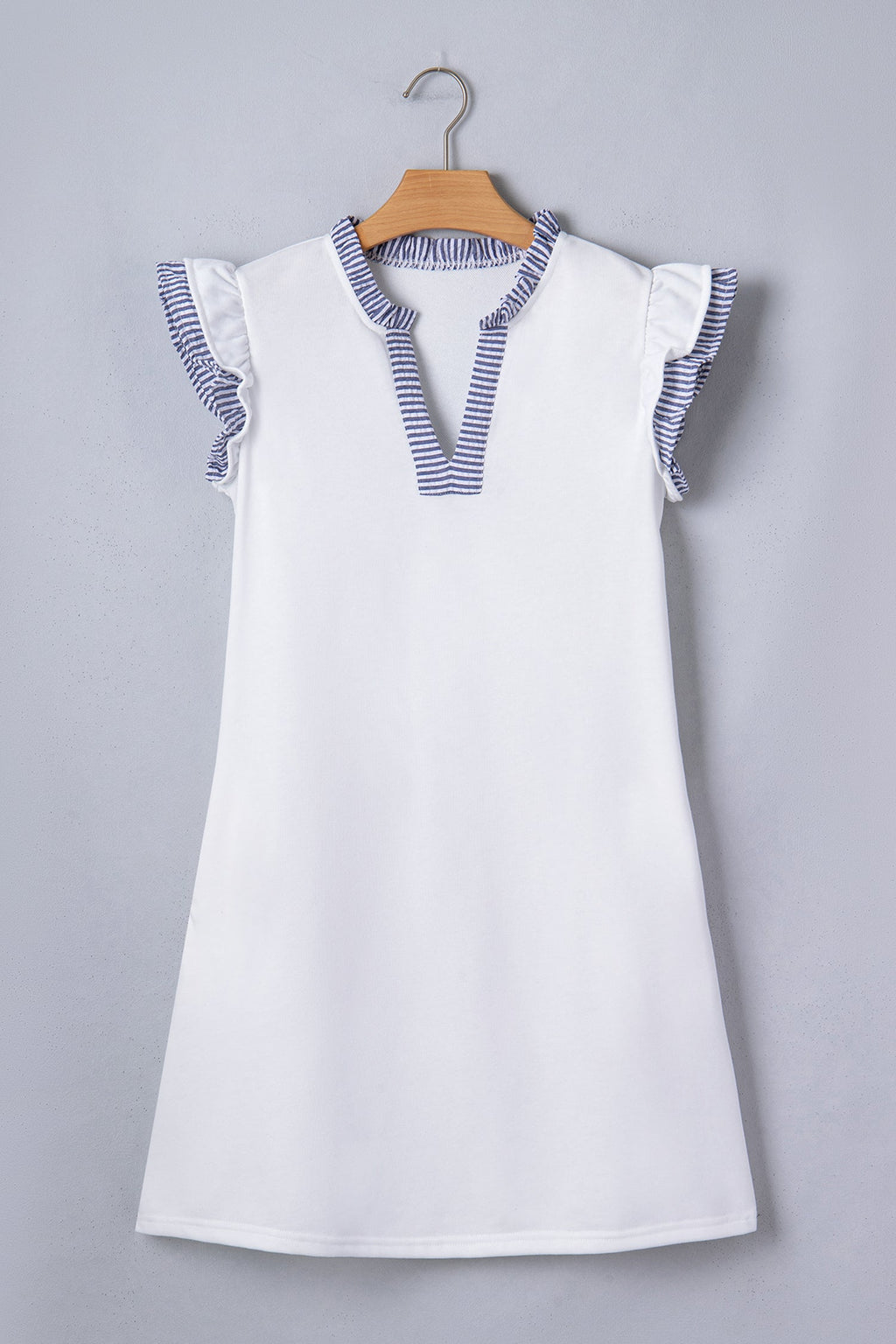 Stripe Patchwork Split Neck Ruffle Trim Sleeveless Dress