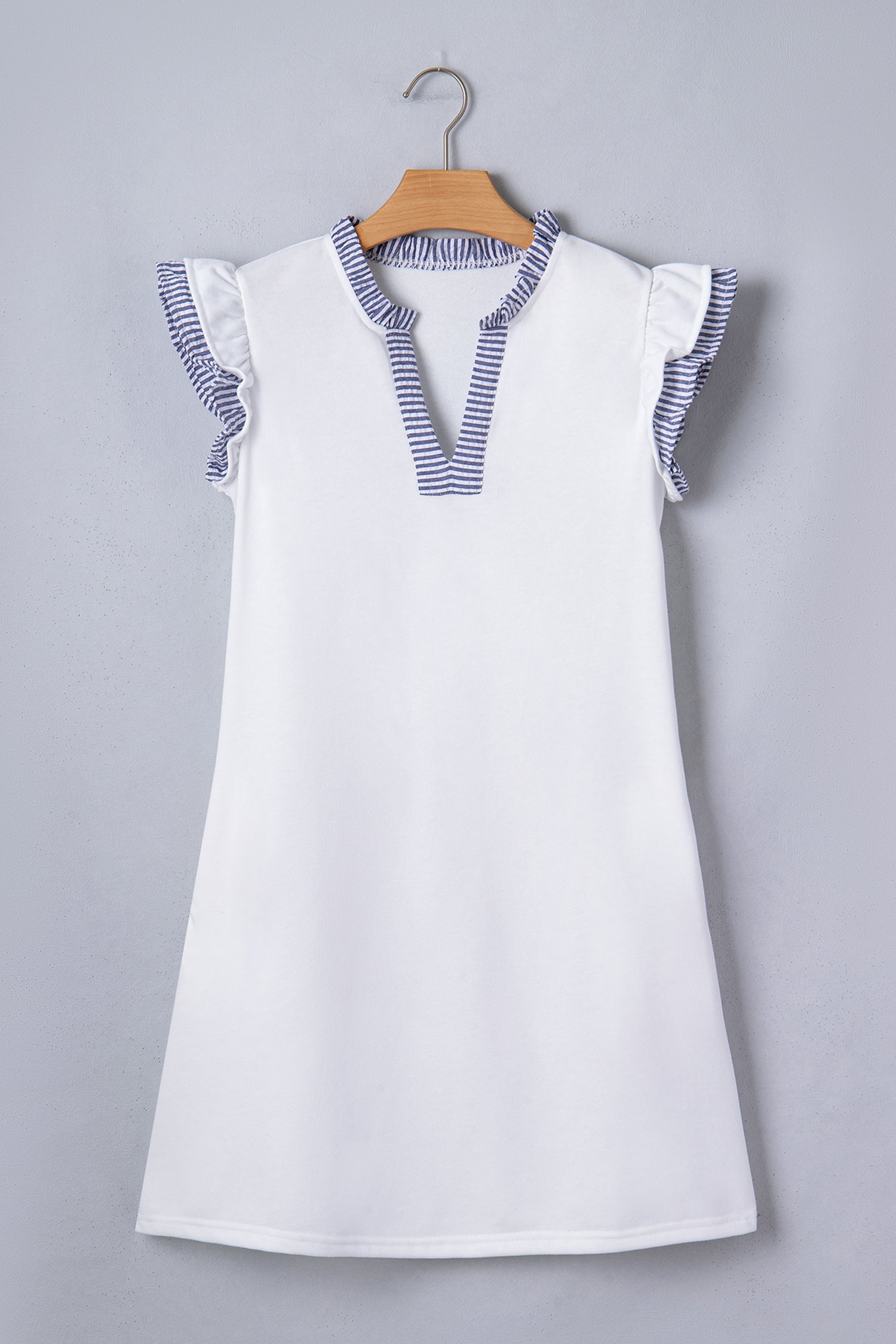 Stripe Patchwork Split Neck Ruffle Trim Sleeveless Dress