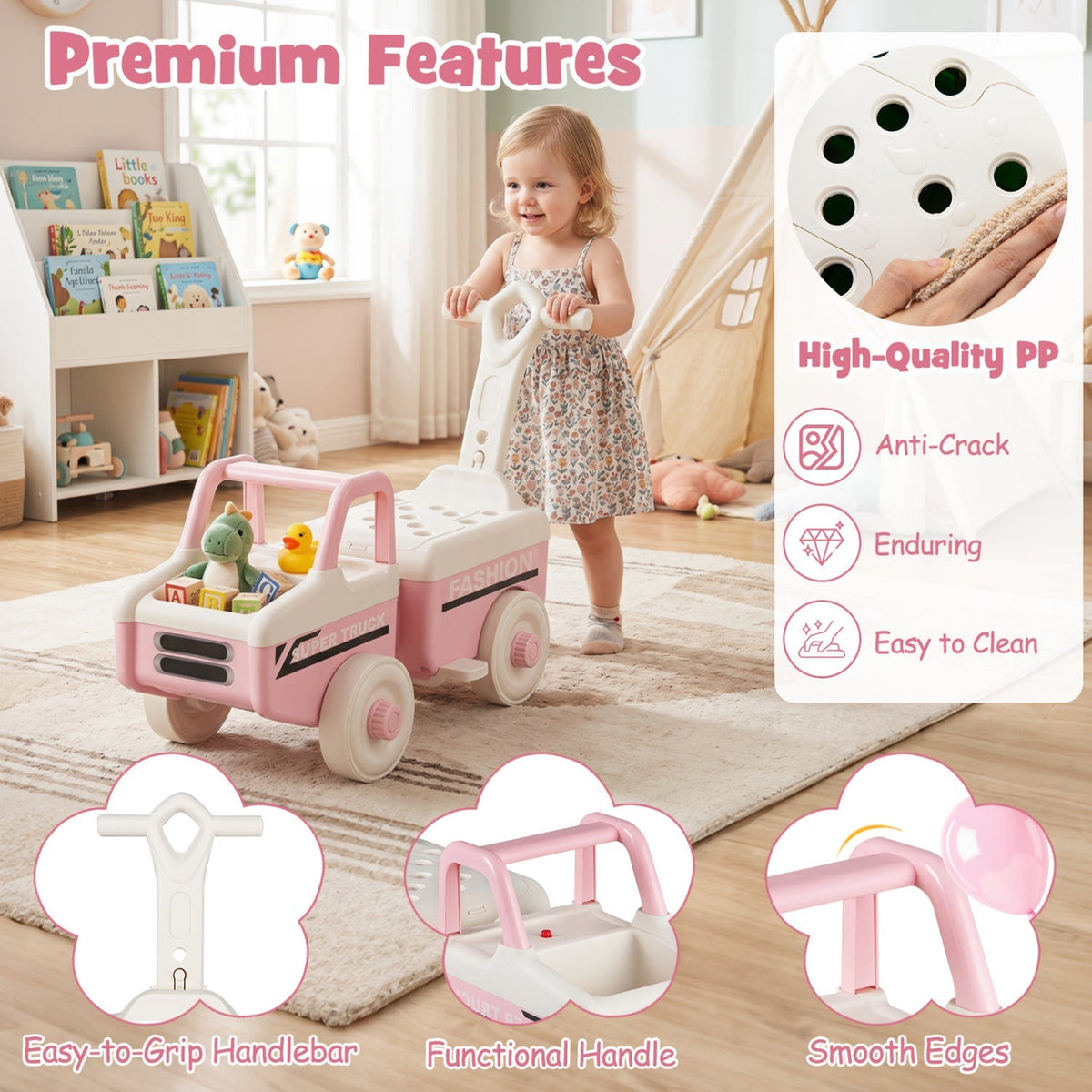 4-in-1 Ride On Push Car with Music and Storage