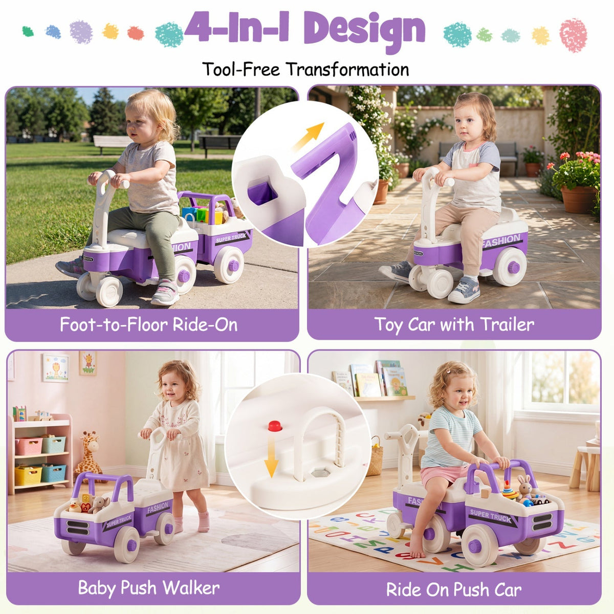 4-in-1 Ride On Push Car with Music and Storage