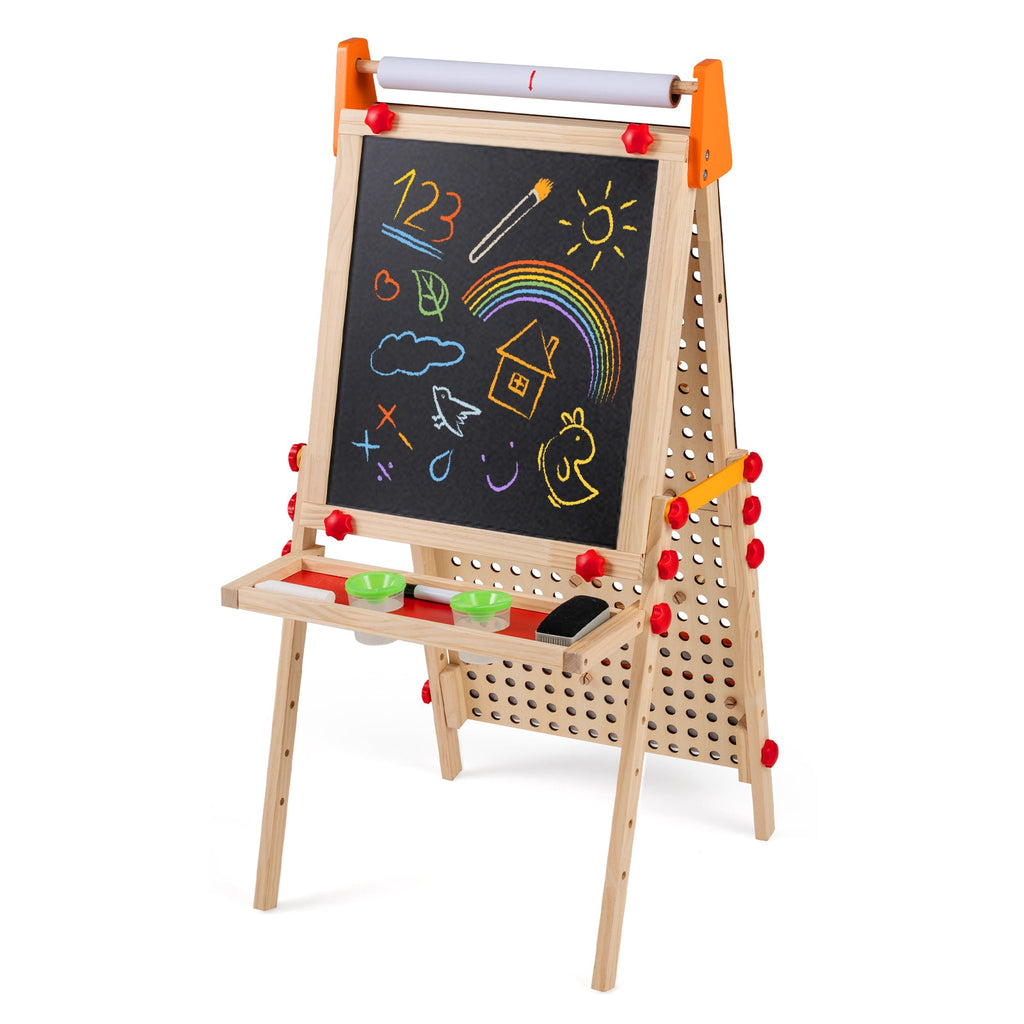 4-in-1 Wooden Kids Art Easel Double-Sided Foldable with Paper Roll and Storage Tray