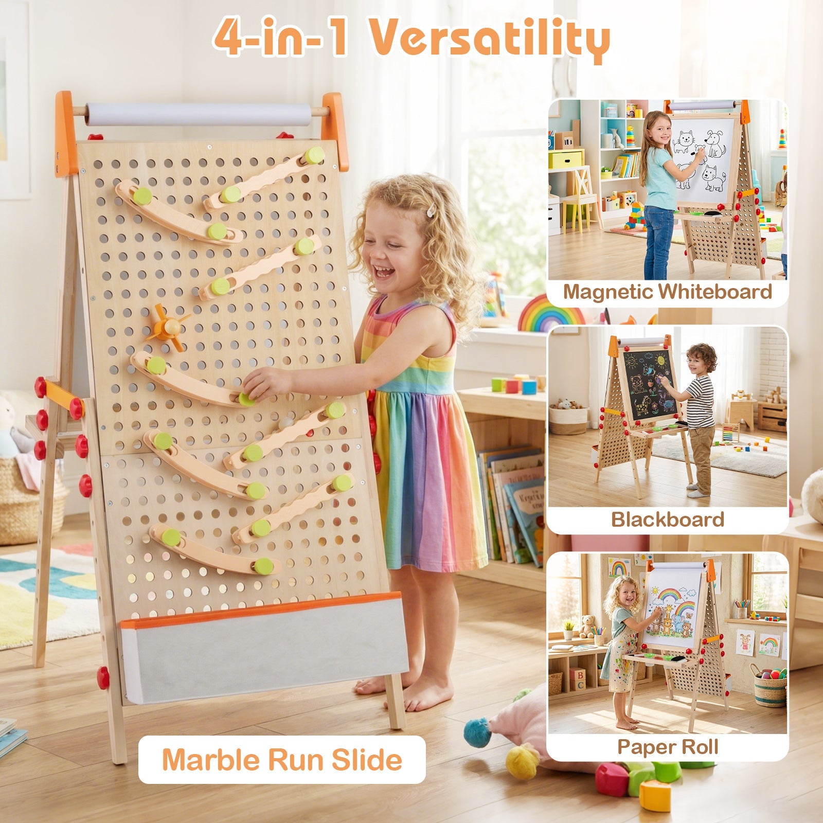 4-in-1 Wooden Kids Art Easel Double-Sided Foldable with Paper Roll and Storage Tray