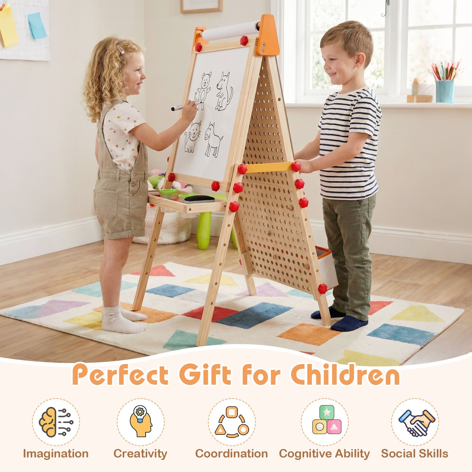 4-in-1 Wooden Kids Art Easel Double-Sided Foldable with Paper Roll and Storage Tray