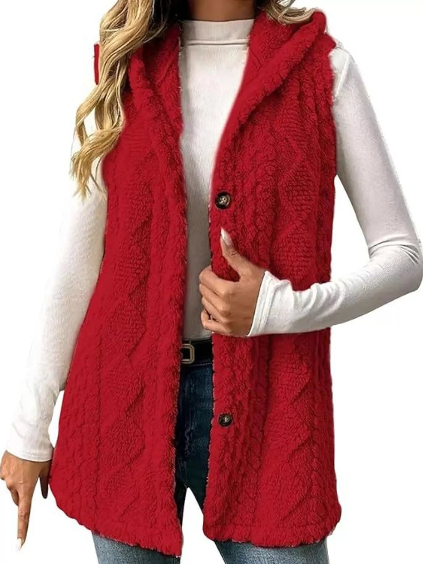 Hooded Button-Up Sherpa Vest Coat