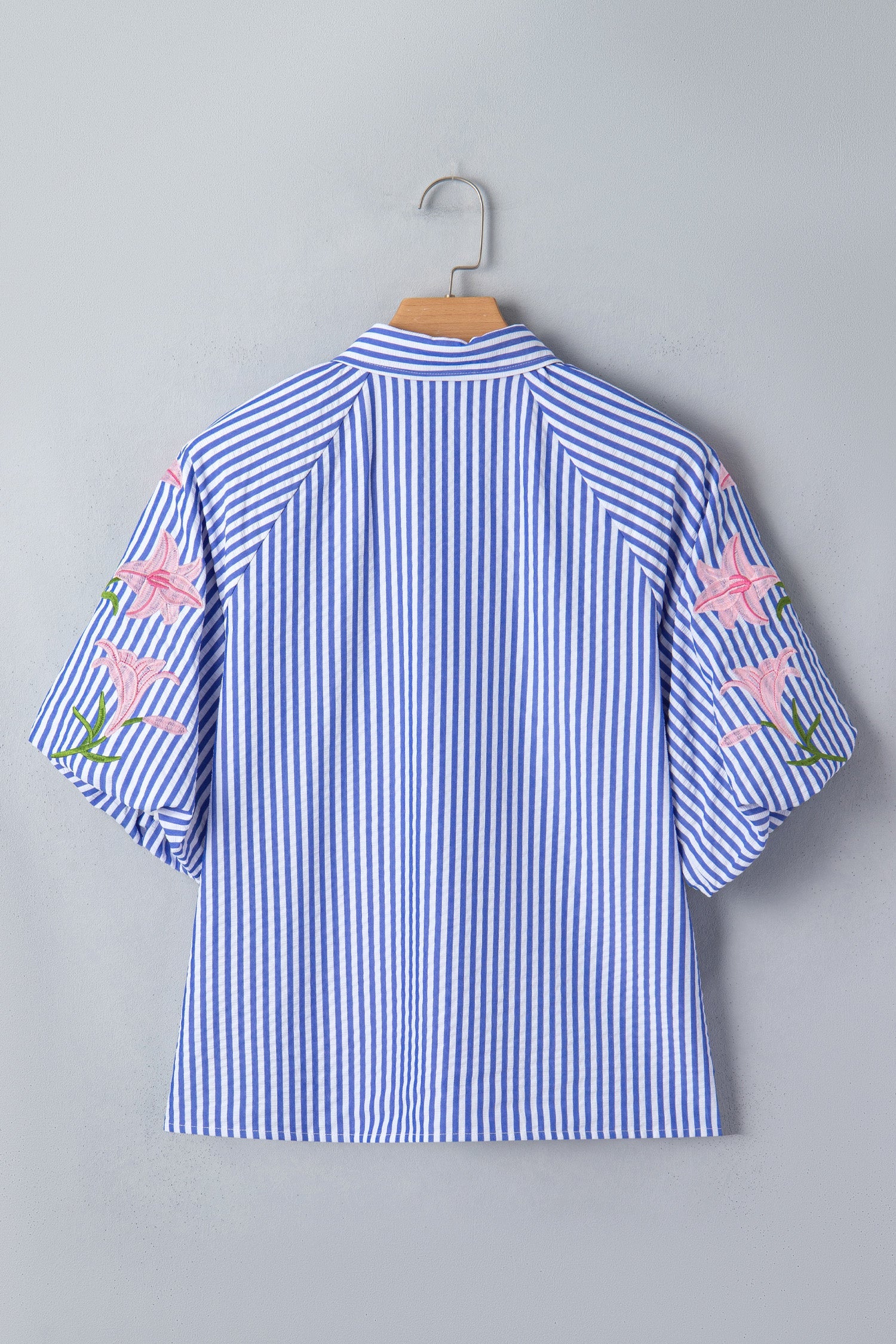 Stripe Floral Lily Embroidered Puff Sleeve Shirt