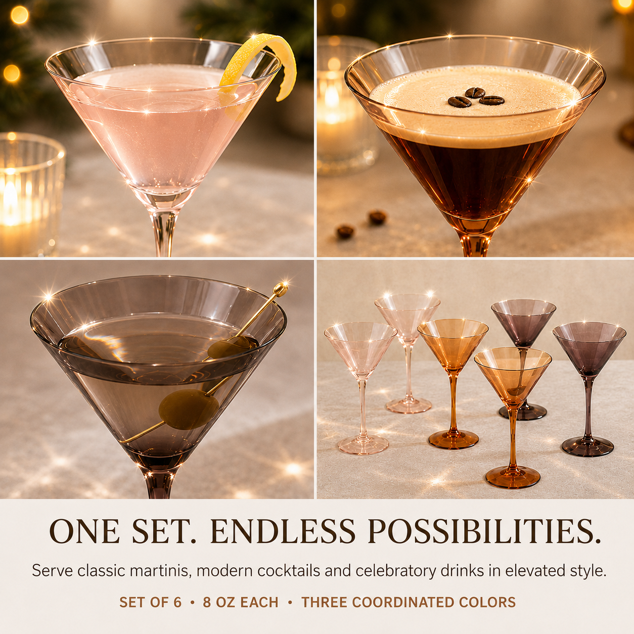 Venus Martini Cocktail Glassware, Set of 6