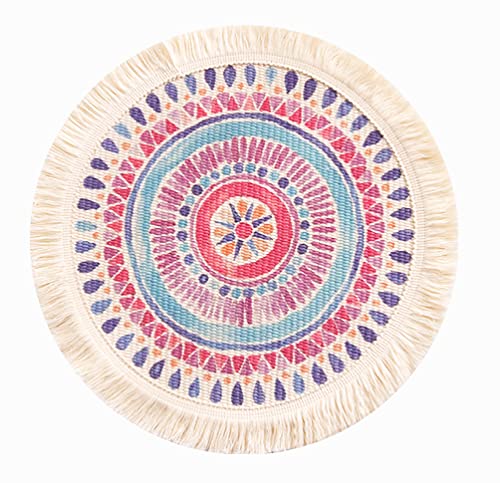 Fennco Styles Mandala Boho Woven Fringe Cotton Placemats 13" Round, Set of 4 - Multicolored Printed Heat Resistant Insulation Table Mats for Home, Kitchen Décor, Dining Table, Banquets, Holidays