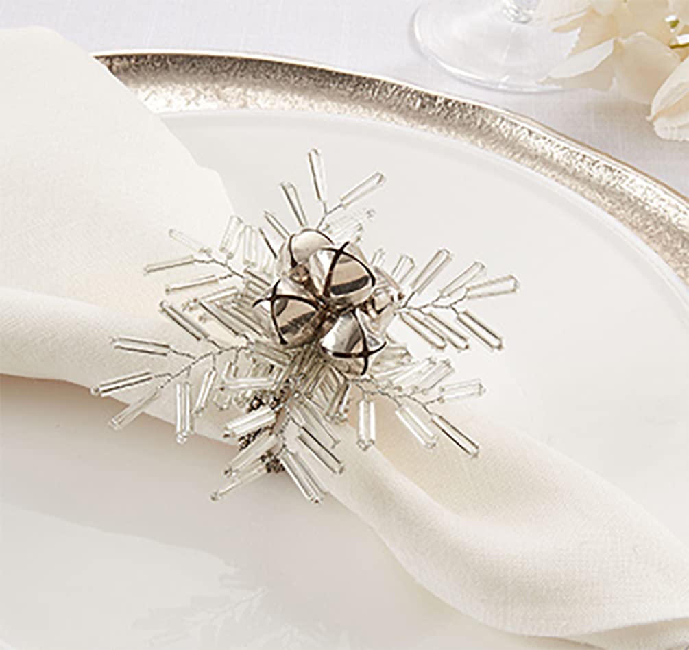 Fennco Styles Hand Beaded Snowflake & Bells Christmas Napkin Rings, Set of 4 - Red & Green Glass Beads Napkin Holders for Home, Dining Room, Banquet, Family Gathering, Holiday Décor and Special Occasion