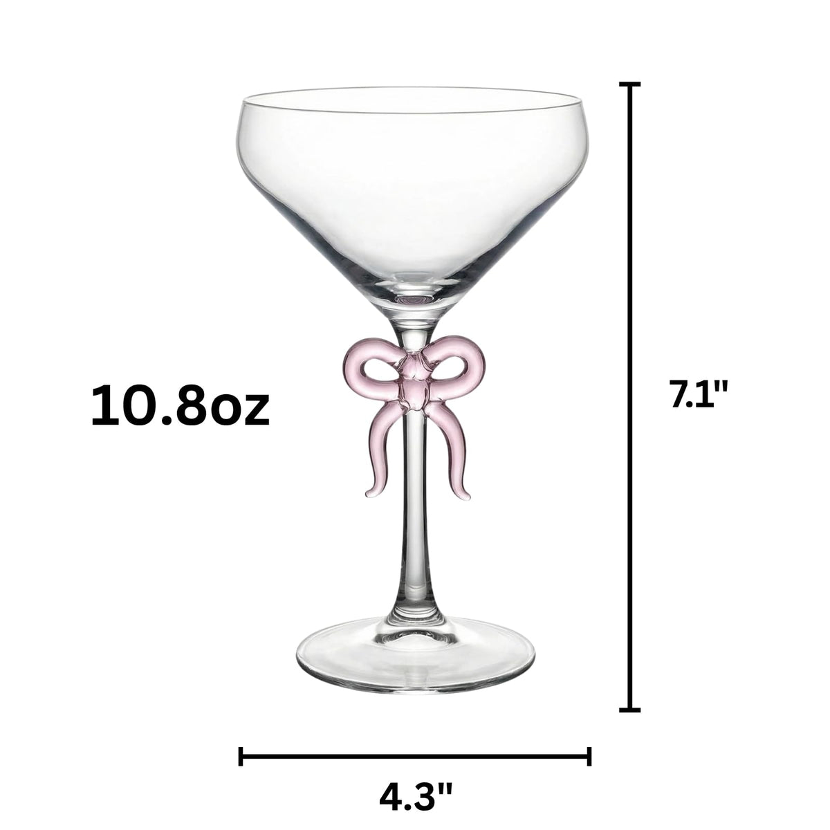 Single Clear Martini Glass with Pink Bow on Stem, One Piece