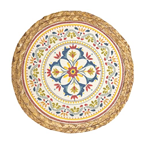 Fennco Styles Eclectic Mandala Water Hyacinth Edge Placemats 13" Round, Set of 4 - Multicolored Block Print Heat Resistant Insulation Table Mats for Home, Boho Décor, Dining Table, Banquets, Holidays