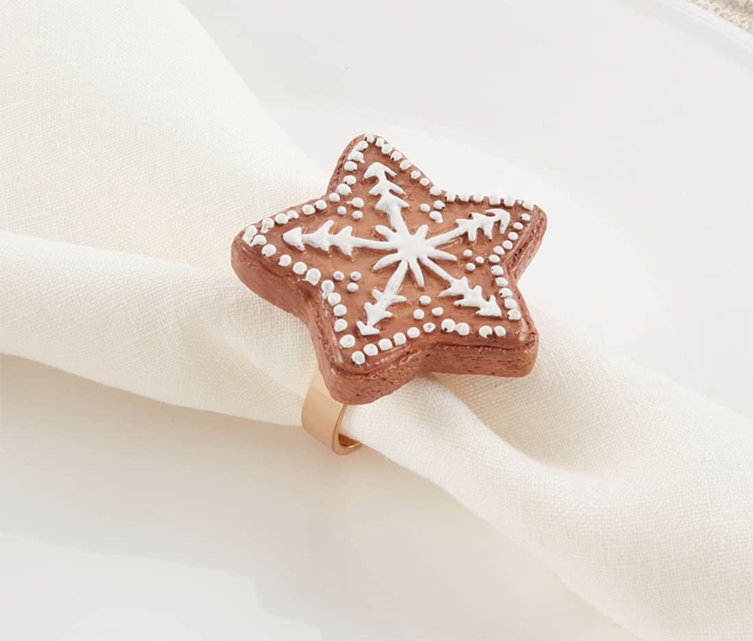 Fennco Styles Christmas Gingerbread Star Design Napkin Rings, Set of 4 - Brown Festive Napkin Holders for Home Décor, Winter Festivals, Family Dinner, Banquets and Special Events