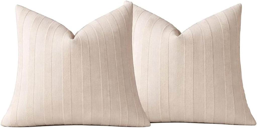 Fennco Styles Light Beige Textured Striped Throw Pillow Cover 18" X 18" - Modern Accent Pillow Case for Couch, Home and Neutral Farmhouse Décor, 2-Pack