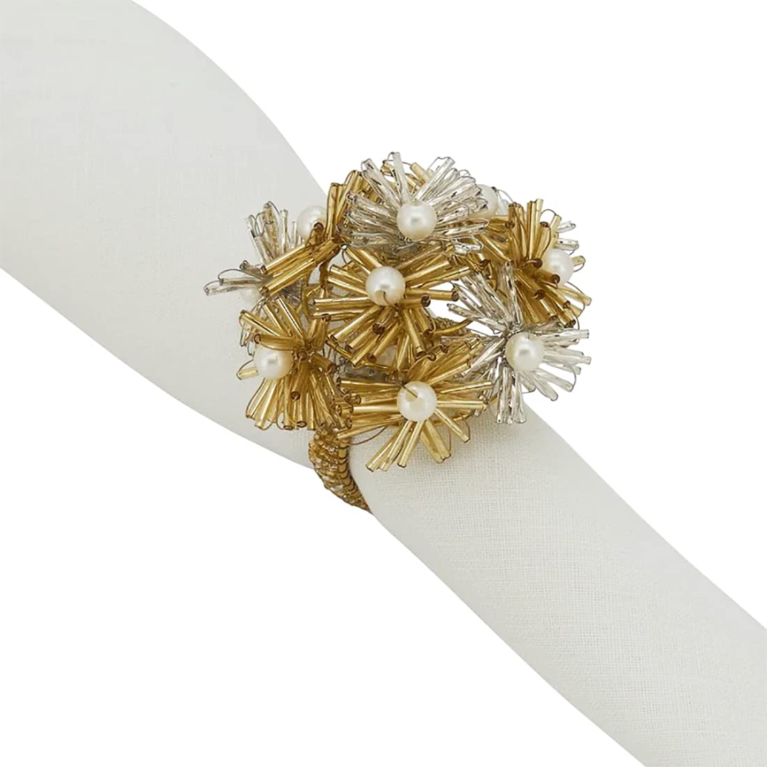 Fennco Styles Hand Beaded Flower Metal Napkin Rings, Set of 4 - Green Decorative Napkin Holders for Christmas, Home, Dining Room, Banquet, Family Gathering, Holiday and Special Occasion