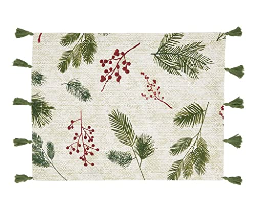 Fennco Styles Pine Needle & Red Berry Cotton Christmas Table Runner with Tassel 16"W x 72"L - Red & Green Festive Table Cover for Home, Dining Room, Winter Holiday Décor, Banquets, and Special Events